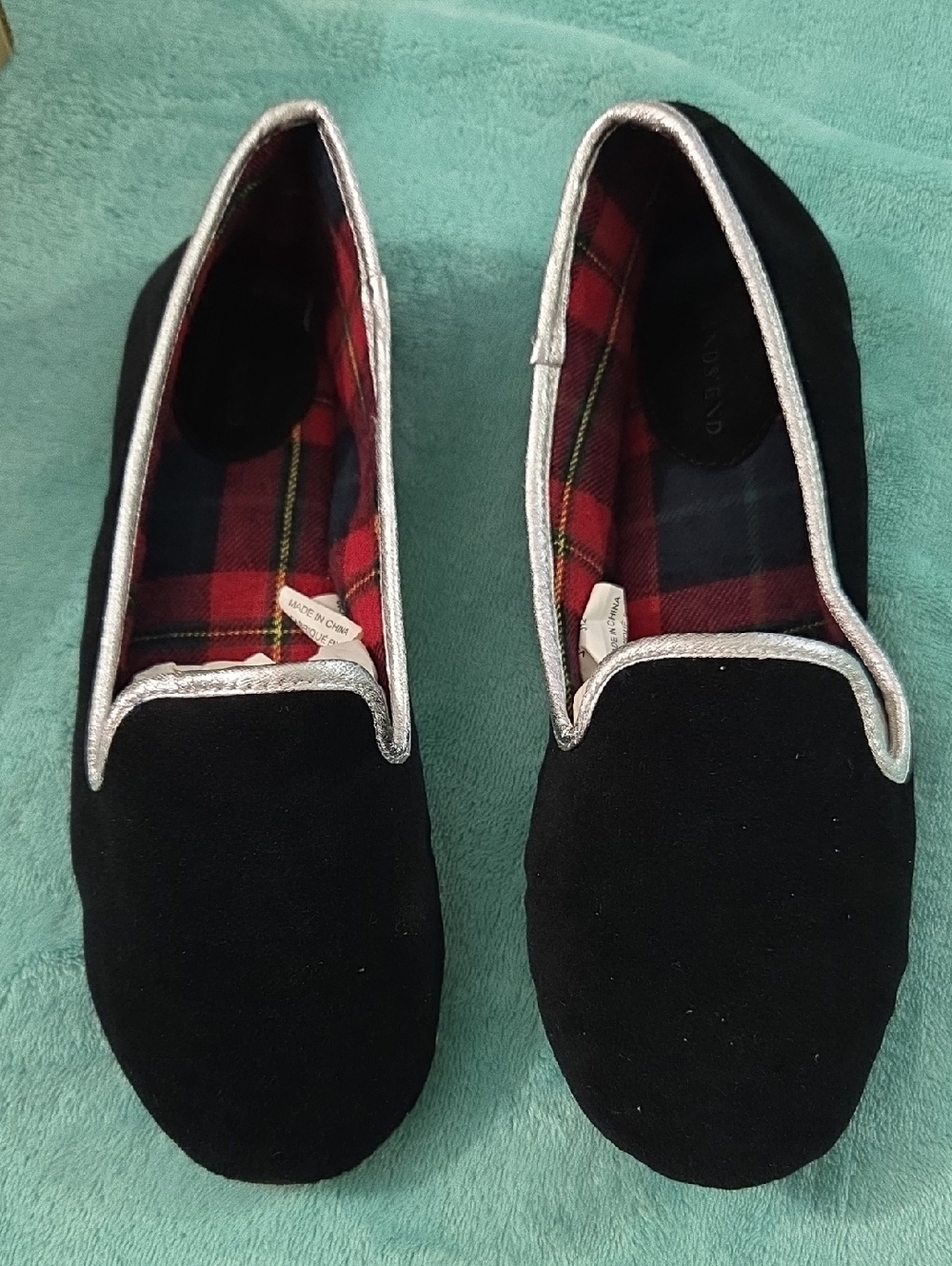 Lands' End Black Suede-Like Loafer Slippers with Silver Trim